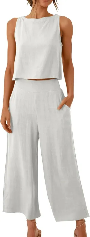 clearance Women's Cotton Linen 2 Piece Outfits Sleeveless Crop Top Capri Wide Leg Pants Casual Lounge Beach Summer Travel Sets casual two piece outfits for women White L