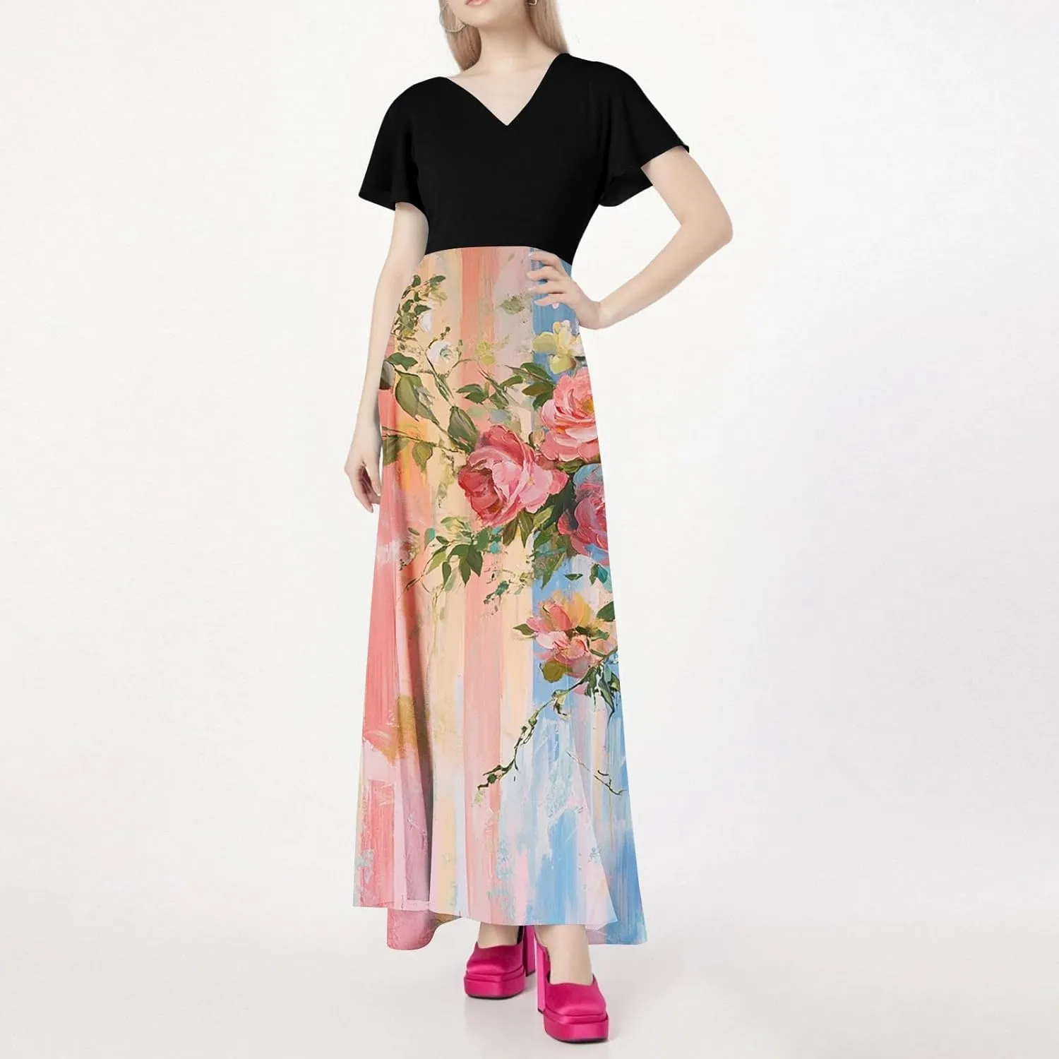 Cocktail Dresses for Women,Flowy Spring Summer Dresses for Women 2025 Wedding Guest Elegant Floral Maxi Dress Short Sleeve