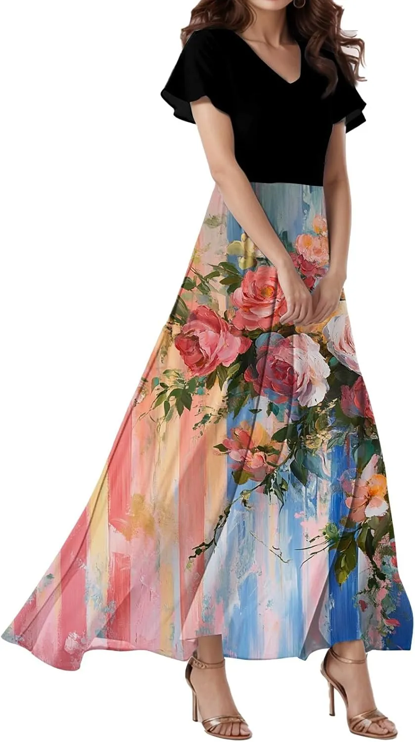 Cocktail Dresses for Women,Flowy Spring Summer Dresses for Women 2025 Wedding Guest Elegant Floral Maxi Dress Short Sleeve