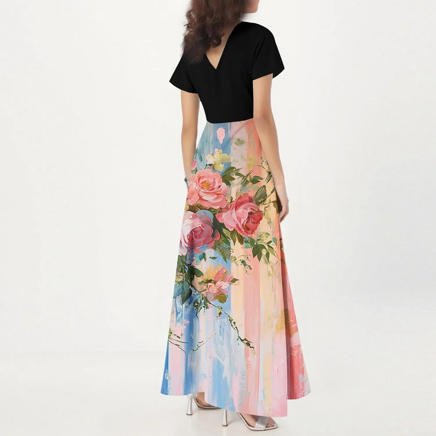 Cocktail Dresses for Women,Flowy Spring Summer Dresses for Women 2025 Wedding Guest Elegant Floral Maxi Dress Short Sleeve