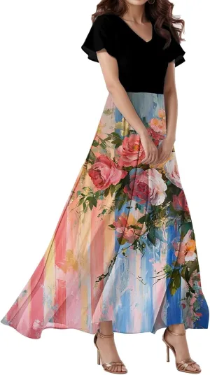 Cocktail Dresses for Women,Flowy Spring Summer Dresses for Women 2025 Wedding Guest Elegant Floral Maxi Dress Short Sleeve