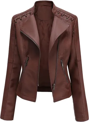 cooki Leather Jacket Women Zip Up Moto Biker Jacket Stand Collar Casual Short Jackets Women's Winter Bomber Jackets