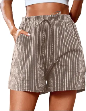 cooki Linen Shorts for Women Summer Casual High Waist Wide Leg Drawstring Striped Shorts with Pockets Elastic Beach Shorts