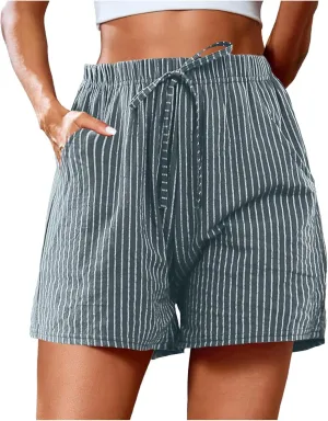 cooki Linen Shorts for Women Summer Casual High Waist Wide Leg Drawstring Striped Shorts with Pockets Elastic Beach Shorts