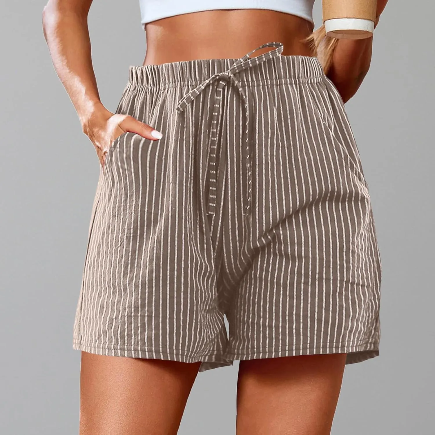 cooki Linen Shorts for Women Summer Casual High Waist Wide Leg Drawstring Striped Shorts with Pockets Elastic Beach Shorts