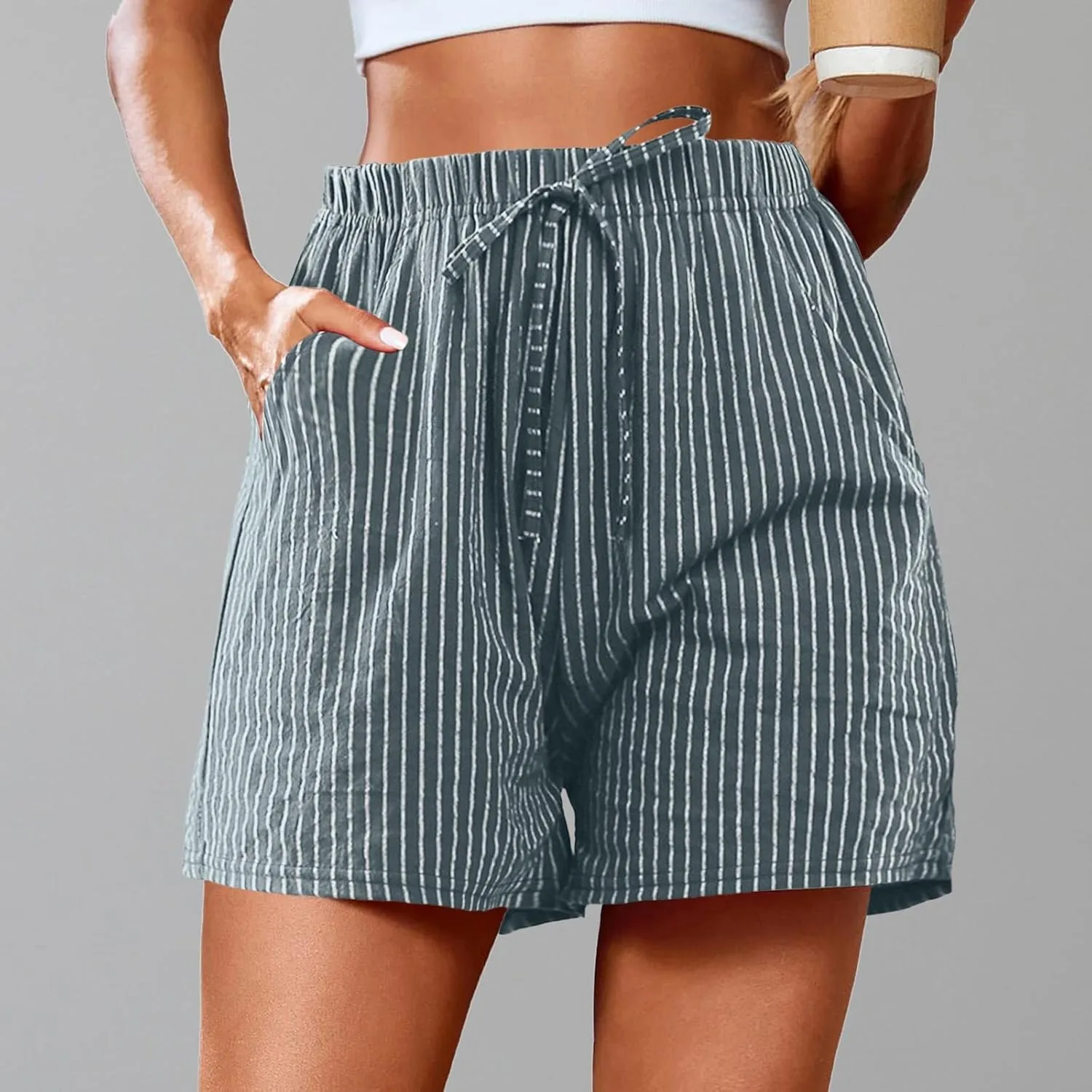 cooki Linen Shorts for Women Summer Casual High Waist Wide Leg Drawstring Striped Shorts with Pockets Elastic Beach Shorts