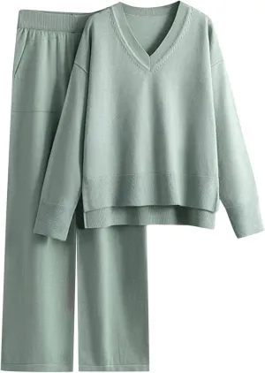 cooki Sweatsuits for Women Set 2 Piece Lounge Sets Long Sleeve Knit Pullover Tops Wide Leg Pants Casual Tracksuit Sets