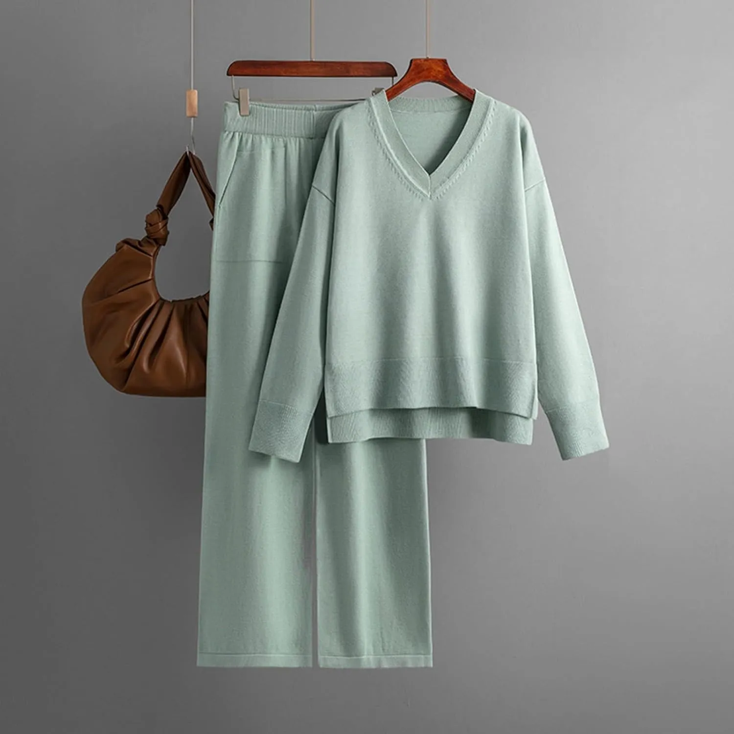 cooki Sweatsuits for Women Set 2 Piece Lounge Sets Long Sleeve Knit Pullover Tops Wide Leg Pants Casual Tracksuit Sets