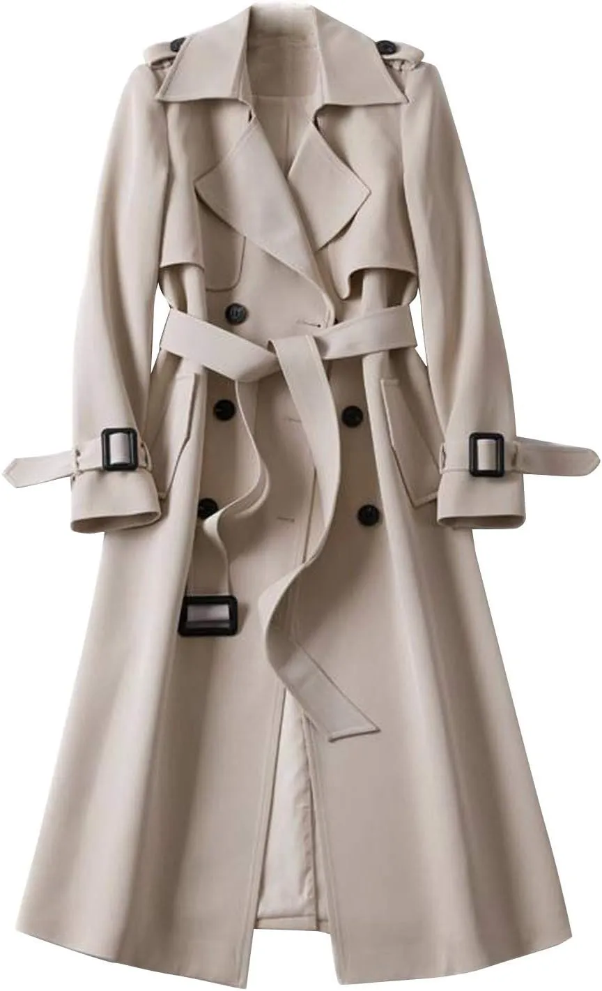 cooki Winter Coats for Women 2023 Mid-long Double Breasted Trench Coat Water Resistant Windbreaker Belted Lapel Overcoat