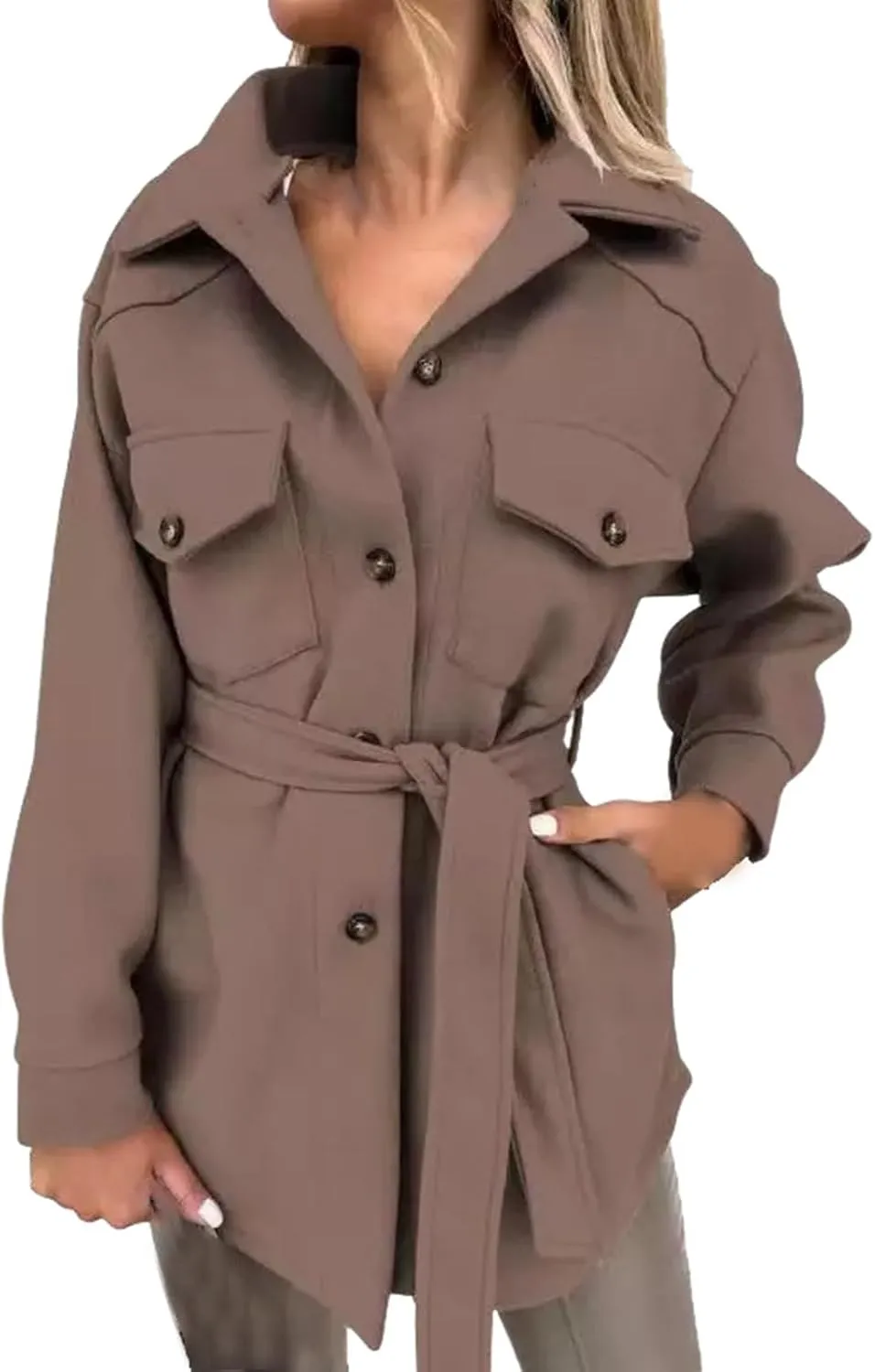 cooki Winter Coats for Women 2024 Women's Wool Blend Pea Coat Single Breasted Stand Collar Trench Coat with Belt Jacket