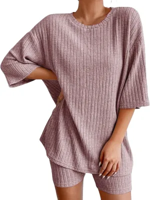 cooki Women's Pajama Sets Womens 2 Piece Lounge Sets Ribbed Knit Matching Outfits T-shirt Shorts Sleepwear Soft Loungewear