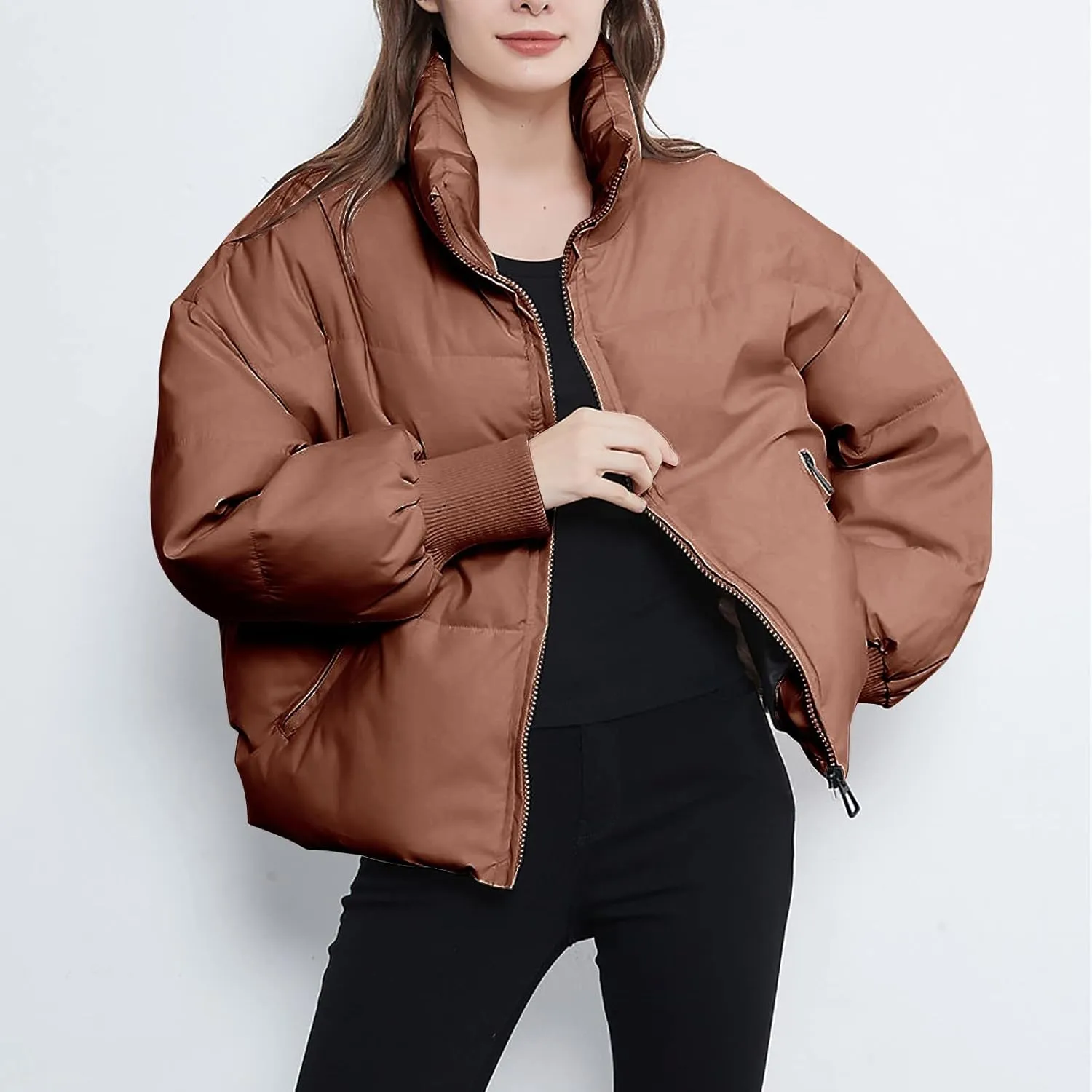 cooki Womens Winter Cropped Puffer Jacket Coat Casual Quilted Baggy Long Sleeve Down Jackets Zip up Warm Outerwear