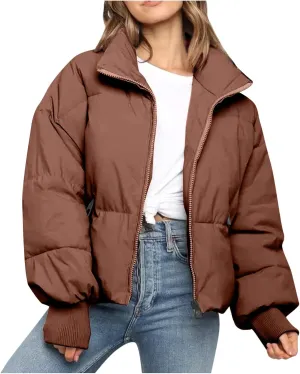 cooki Womens Winter Cropped Puffer Jacket Coat Casual Quilted Baggy Long Sleeve Down Jackets Zip up Warm Outerwear