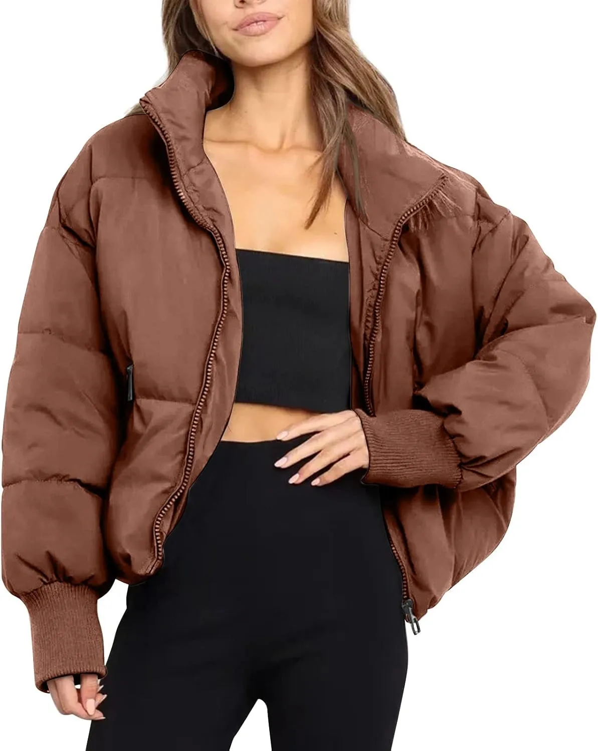 cooki Womens Winter Cropped Puffer Jacket Coat Casual Quilted Baggy Long Sleeve Down Jackets Zip up Warm Outerwear