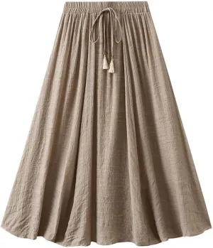 Cotton Linen Mini Skirt for Womens Summer Casual High Waisted Elastic Waist A-Line Swing Long Layered Pleated Skirts