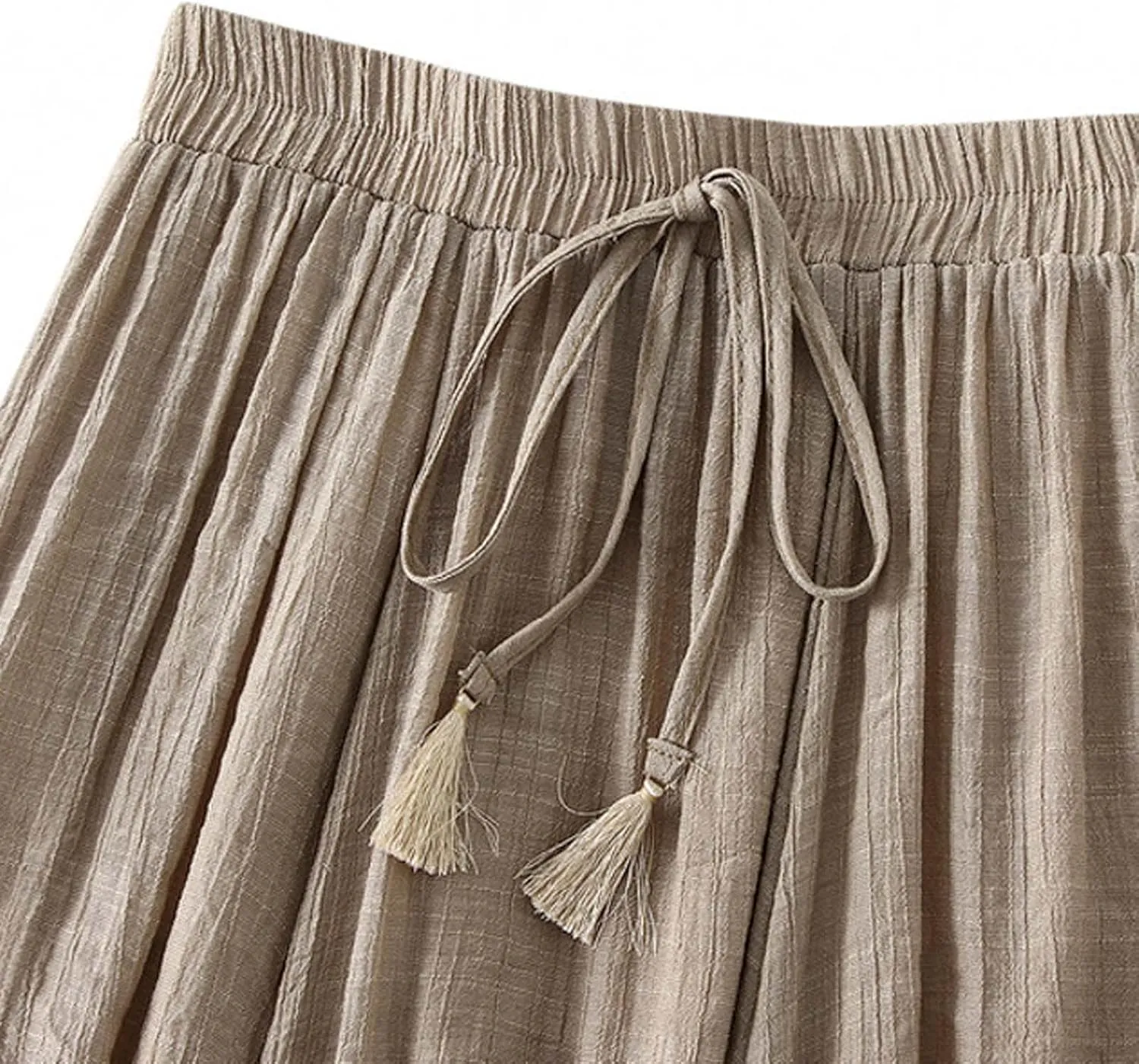Cotton Linen Mini Skirt for Womens Summer Casual High Waisted Elastic Waist A-Line Swing Long Layered Pleated Skirts