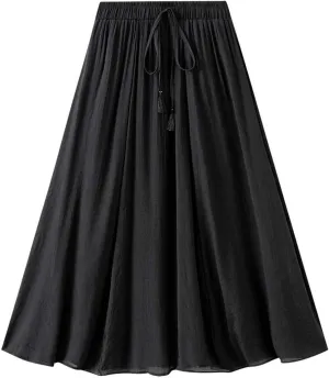 Cotton Linen Mini Skirt for Womens Summer Casual High Waisted Elastic Waist A-Line Swing Long Layered Pleated Skirts