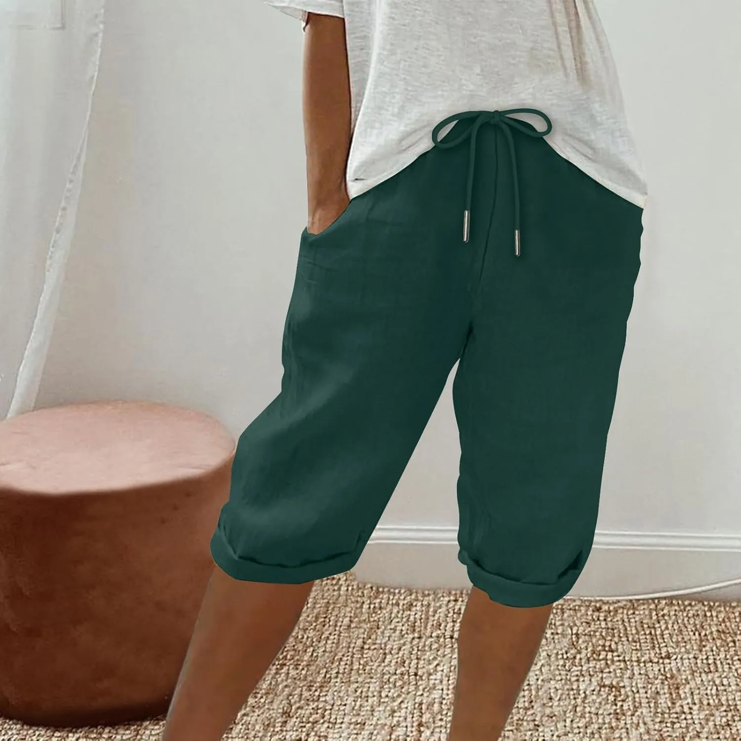 Cotton Linen Shorts for Women 2025 Summer Casual Loose Fit Drewstring Bermuda Shorts Vacation Beach Shorts w/Pockets