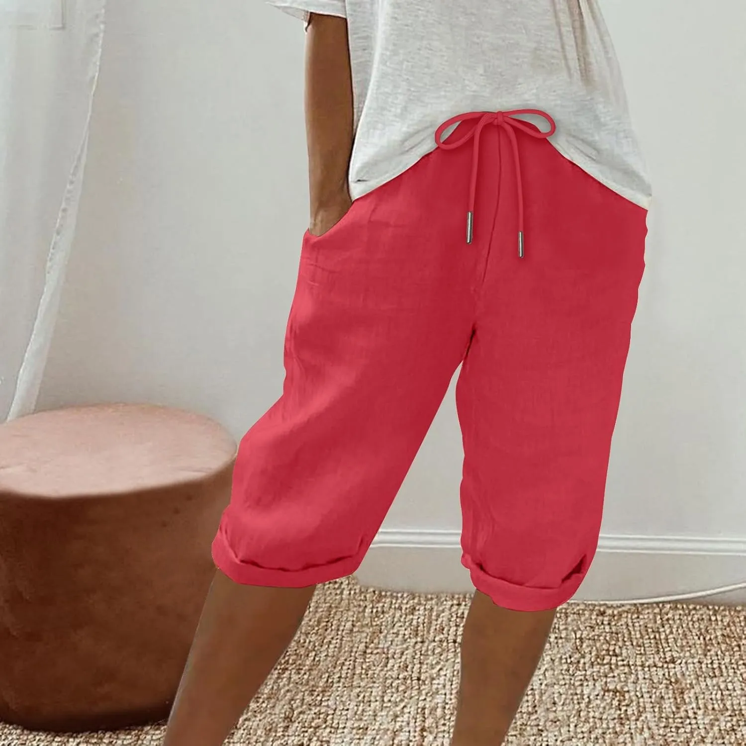 Cotton Linen Shorts for Women 2025 Summer Casual Loose Fit Drewstring Bermuda Shorts Vacation Beach Shorts w/Pockets