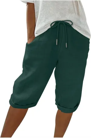 Cotton Linen Shorts for Women 2025 Summer Casual Loose Fit Drewstring Bermuda Shorts Vacation Beach Shorts w/Pockets