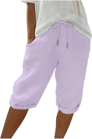 Cotton Linen Shorts for Women 2025 Summer Casual Loose Fit Drewstring Bermuda Shorts Vacation Beach Shorts w/Pockets