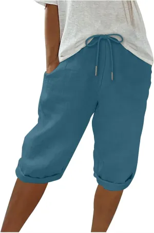 Cotton Linen Shorts for Women 2025 Summer Casual Loose Fit Drewstring Bermuda Shorts Vacation Beach Shorts w/Pockets