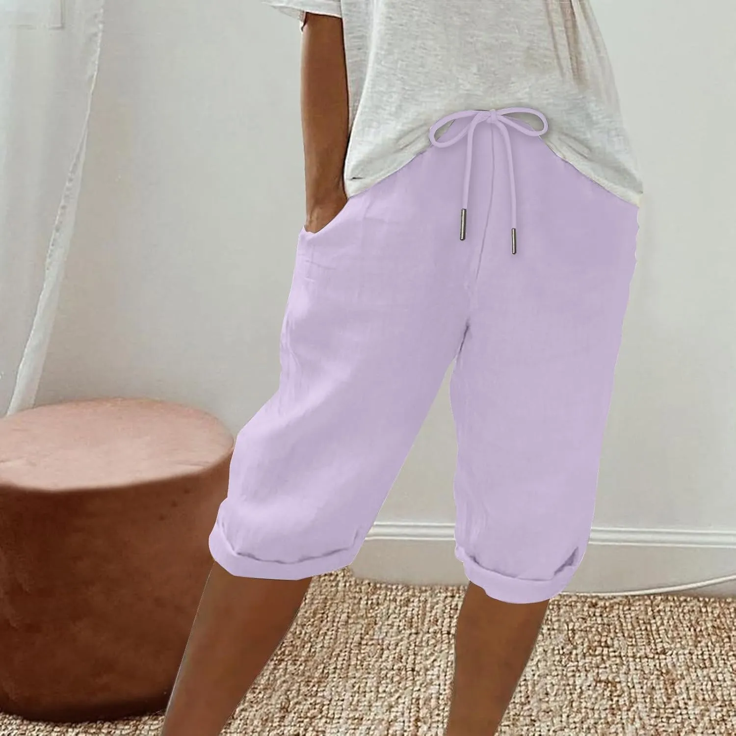 Cotton Linen Shorts for Women 2025 Summer Casual Loose Fit Drewstring Bermuda Shorts Vacation Beach Shorts w/Pockets