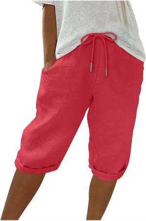 Cotton Linen Shorts for Women 2025 Summer Casual Loose Fit Drewstring Bermuda Shorts Vacation Beach Shorts w/Pockets