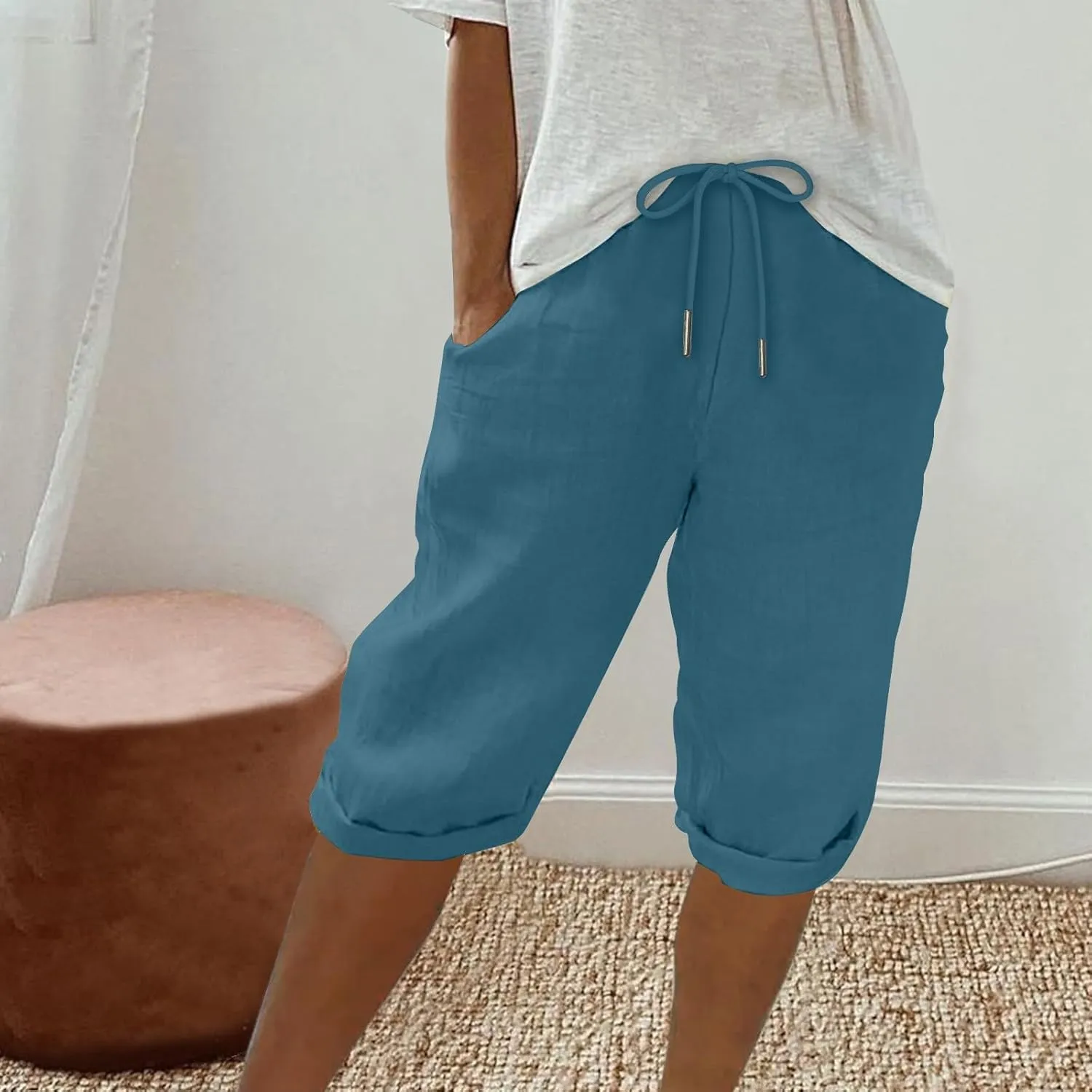 Cotton Linen Shorts for Women 2025 Summer Casual Loose Fit Drewstring Bermuda Shorts Vacation Beach Shorts w/Pockets