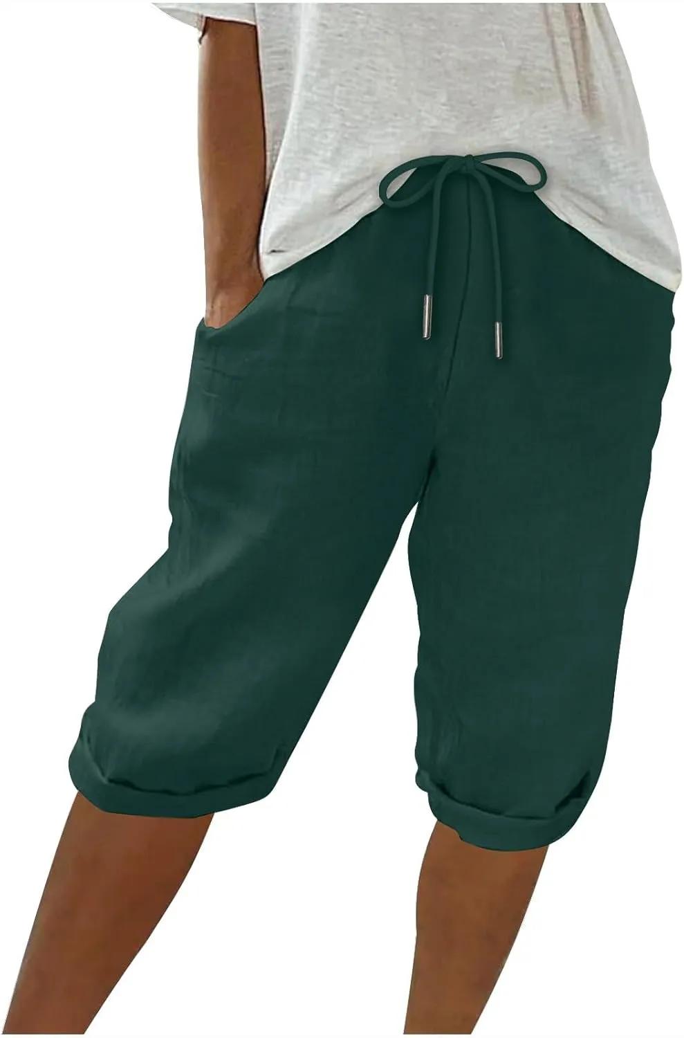 Cotton Linen Shorts for Women 2025 Summer Casual Loose Fit Drewstring Bermuda Shorts Vacation Beach Shorts w/Pockets