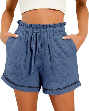 Cotton Linen Shorts for Women High Waisted Drawstring Wide Leg Summer Shorts with Pockets