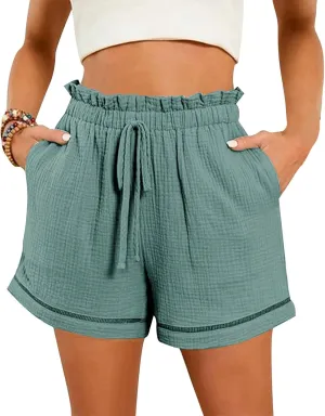 Cotton Linen Shorts for Women High Waisted Drawstring Wide Leg Summer Shorts with Pockets