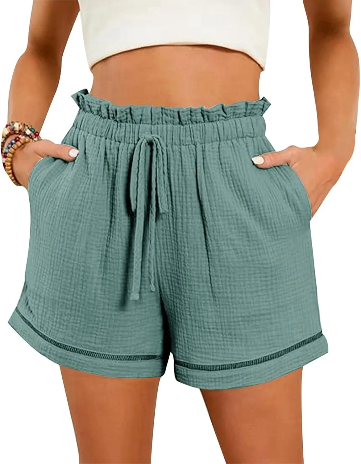 Cotton Linen Shorts for Women High Waisted Drawstring Wide Leg Summer Shorts with Pockets