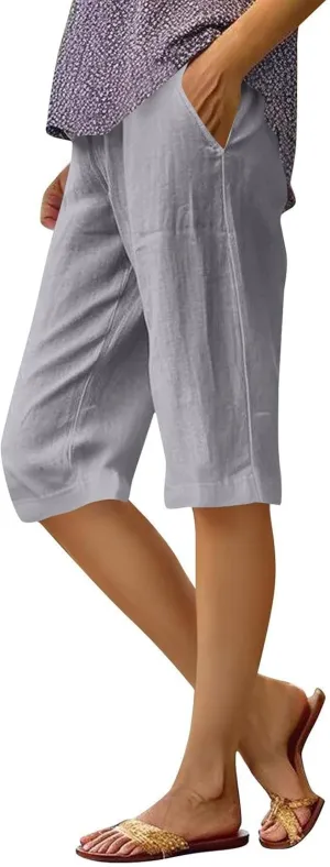 Cotton Linen Shorts for Women Knee Length High Waisted Beach Bermuda Shorts Casual Gauze Capri Pants with Pockets