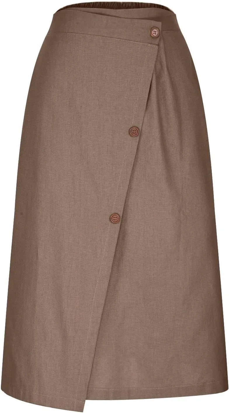 Cotton Linen Skirt for Women Summer Button Front Elastic High Waist Swing A Line Skirts Casual Fashion Elegant Skirt