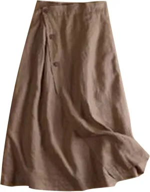 Cotton Linen Skirt for Women Summer Button Front Elastic High Waist Swing A Line Skirts Casual Fashion Elegant Skirt
