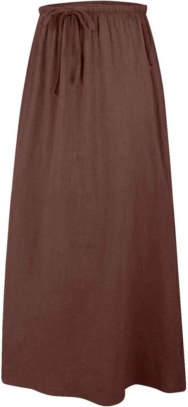 Cotton Linen Skirts for Women Maxi Length Summer Skirts Drawstring A-Line Casual Loose Flowy Ankle Long Beach Skirt