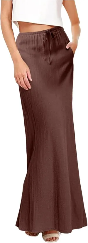 Cotton Linen Skirts for Women Maxi Length Summer Skirts Drawstring A-Line Casual Loose Flowy Ankle Long Beach Skirt