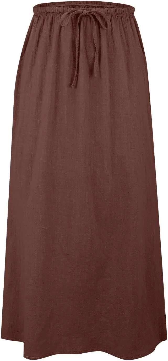 Cotton Linen Skirts for Women Maxi Length Summer Skirts Drawstring A-Line Casual Loose Flowy Ankle Long Beach Skirt