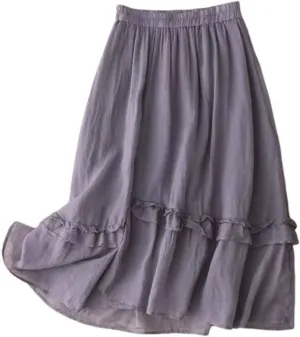 Cotton Linen Skirts for Women Summer Elastic High Waisted Ruffled Flowy Midi Skirt Casual Summer Ruched Loose Skorts