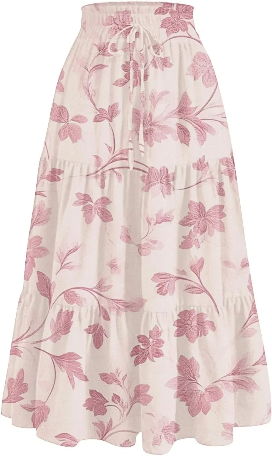 Cotton Skirt for Women Boho High Waist Flowy Maxi Skirt Summer Casual A-Line