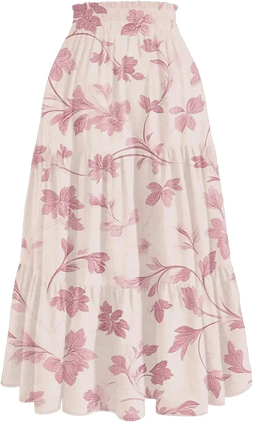 Cotton Skirt for Women Boho High Waist Flowy Maxi Skirt Summer Casual A-Line