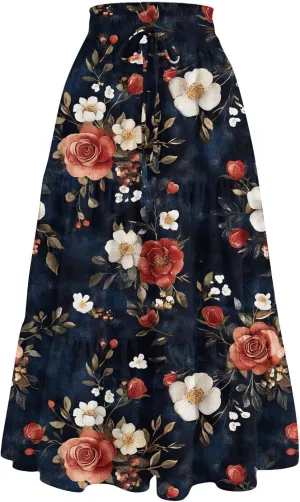 Cotton Skirt for Women Boho High Waist Flowy Maxi Skirt Summer Casual A-Line