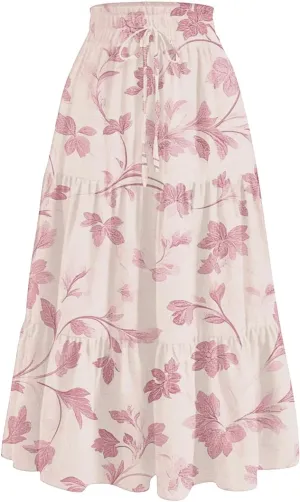 Cotton Skirt for Women Boho High Waist Flowy Maxi Skirt Summer Casual A-Line