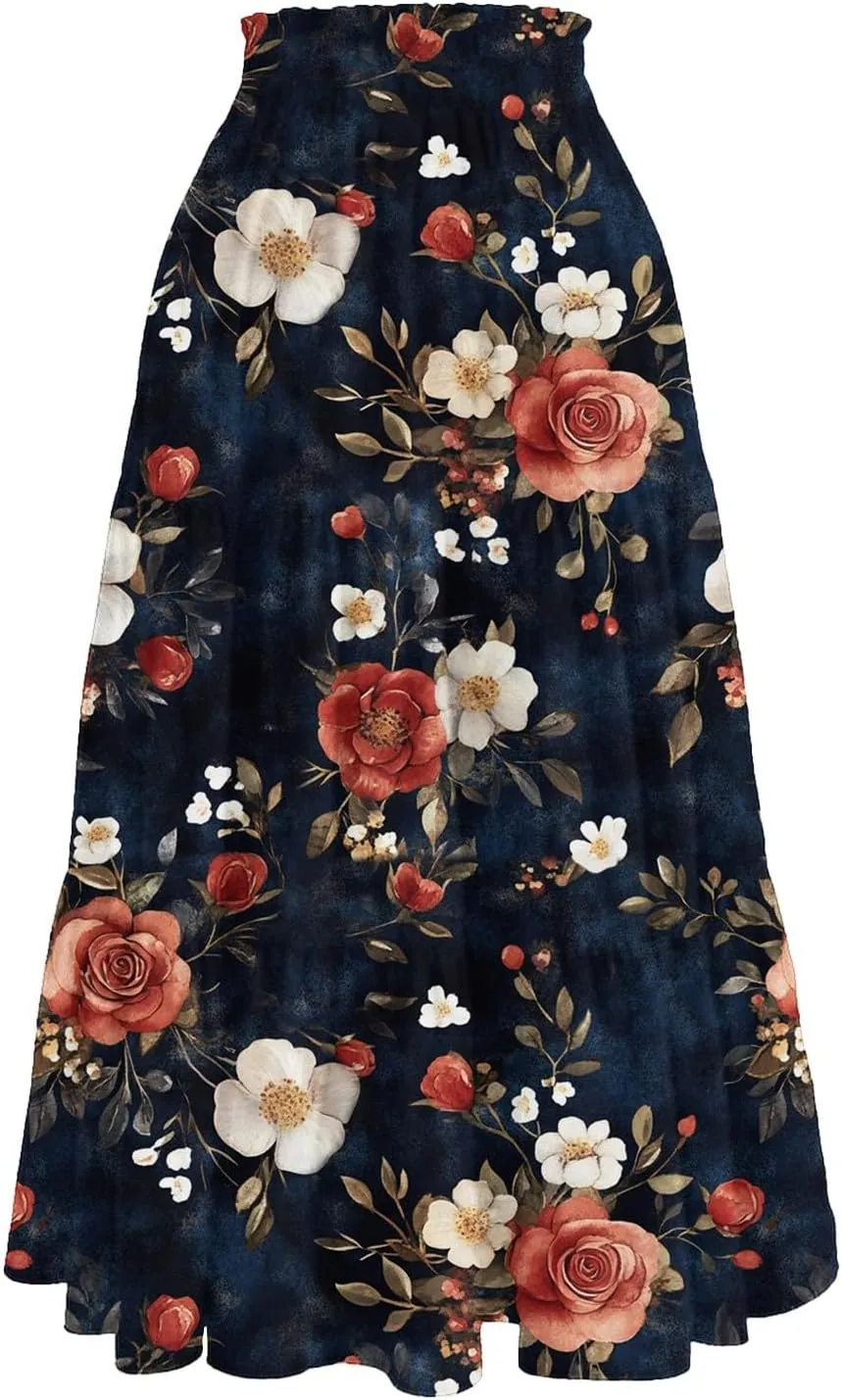 Cotton Skirt for Women Boho High Waist Flowy Maxi Skirt Summer Casual A-Line