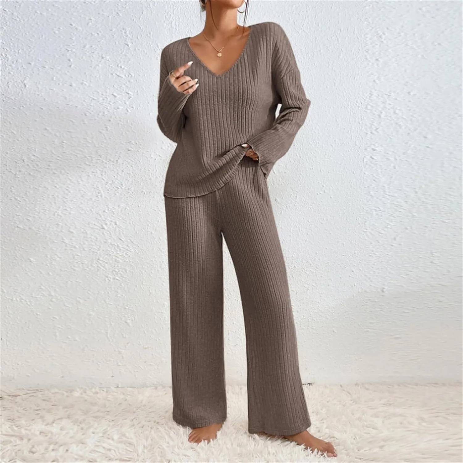 Cozy Lounge Sets for Women Trendy Solid Pajamas V Neck Pullovers Casual Wid Leg Trousers Soft Loungewear Set Nightwear