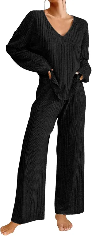 Cozy Lounge Sets for Women Trendy Solid Pajamas V Neck Pullovers Casual Wid Leg Trousers Soft Loungewear Set Nightwear