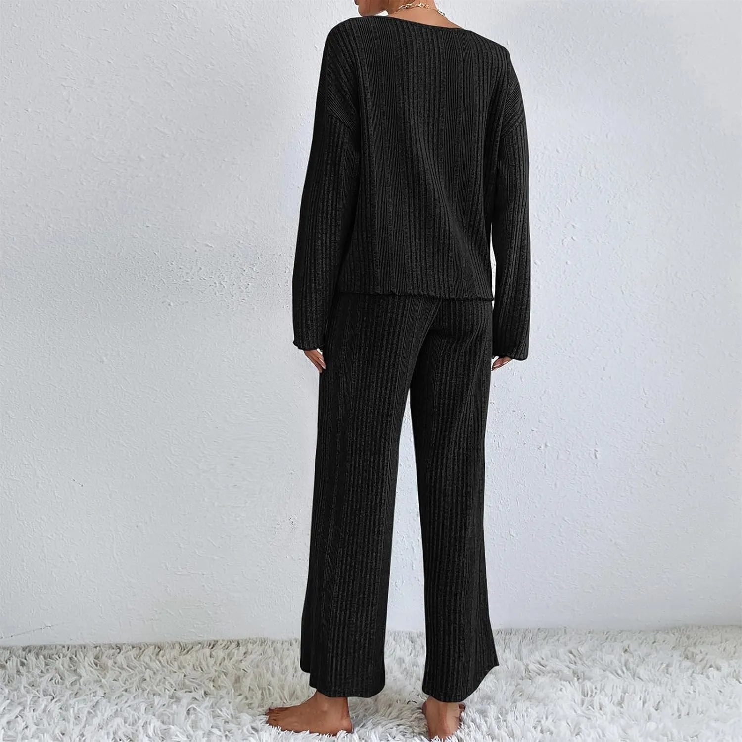 Cozy Lounge Sets for Women Trendy Solid Pajamas V Neck Pullovers Casual Wid Leg Trousers Soft Loungewear Set Nightwear