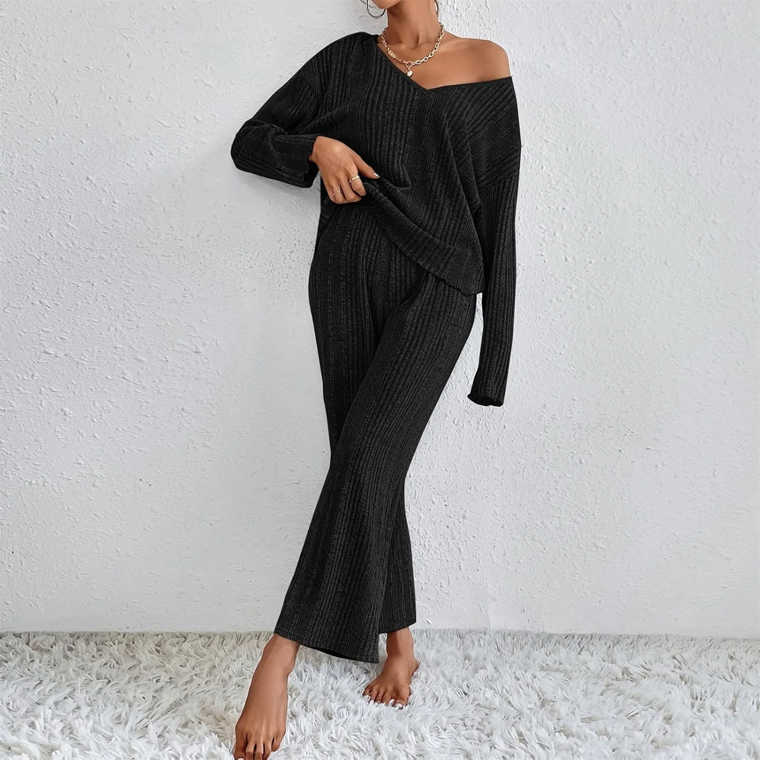 Cozy Lounge Sets for Women Trendy Solid Pajamas V Neck Pullovers Casual Wid Leg Trousers Soft Loungewear Set Nightwear