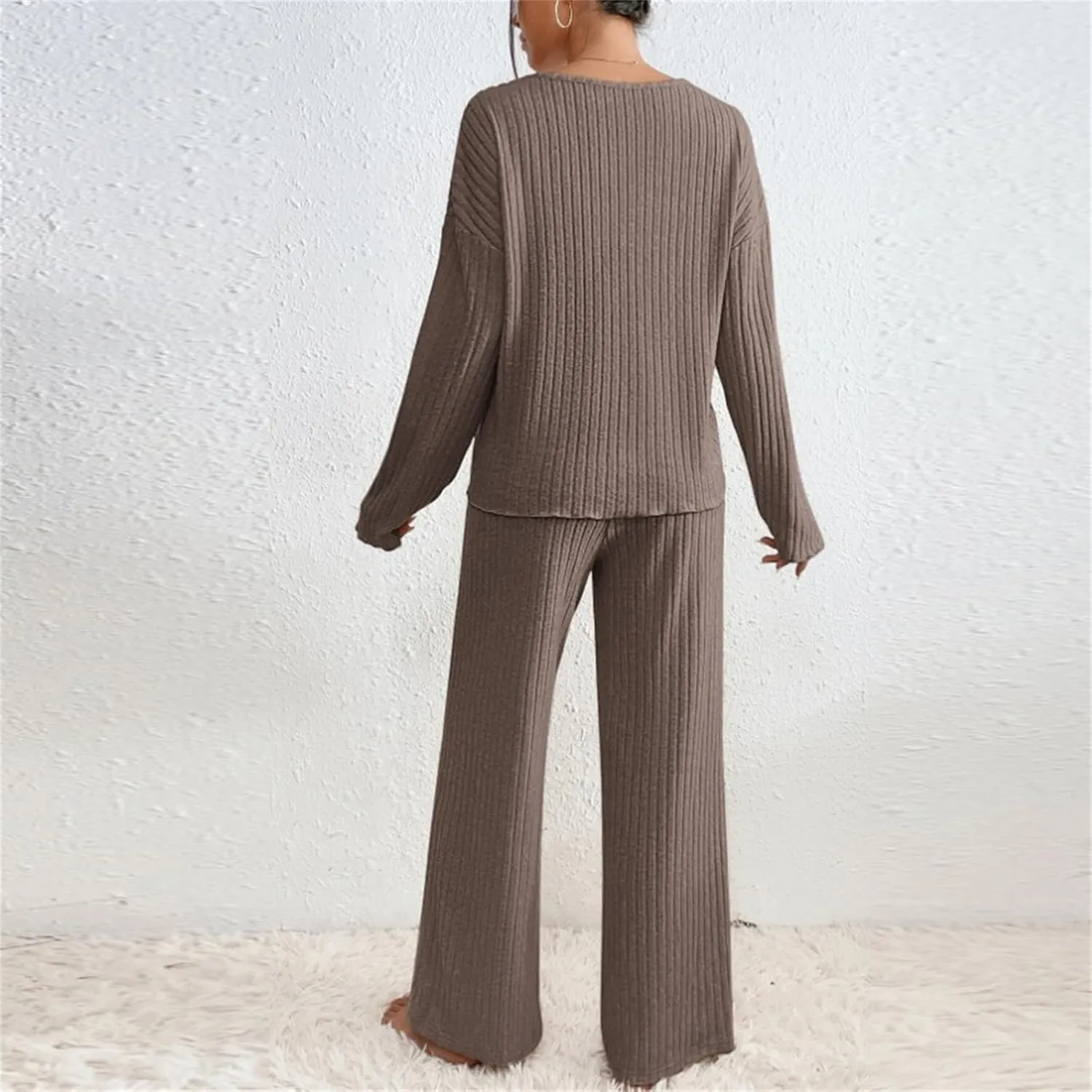 Cozy Lounge Sets for Women Trendy Solid Pajamas V Neck Pullovers Casual Wid Leg Trousers Soft Loungewear Set Nightwear